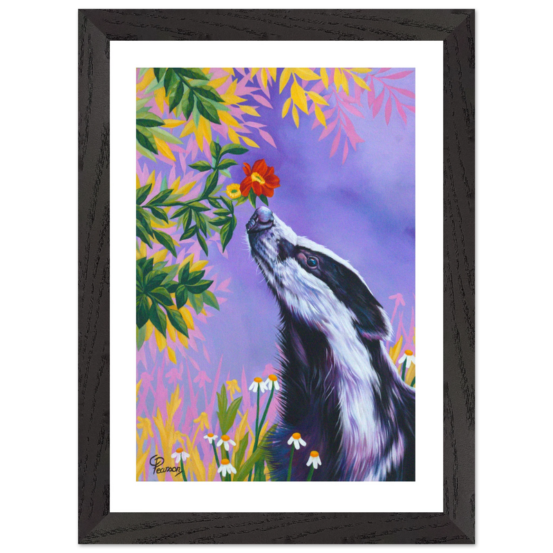 Framed artwork of a badger smelling a flower against a colorful background