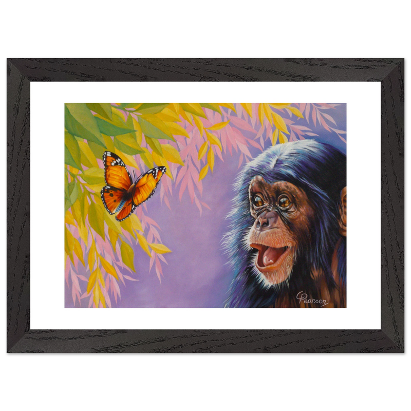 Framed artwork of a chimpanzee and butterfly with colorful leaves.