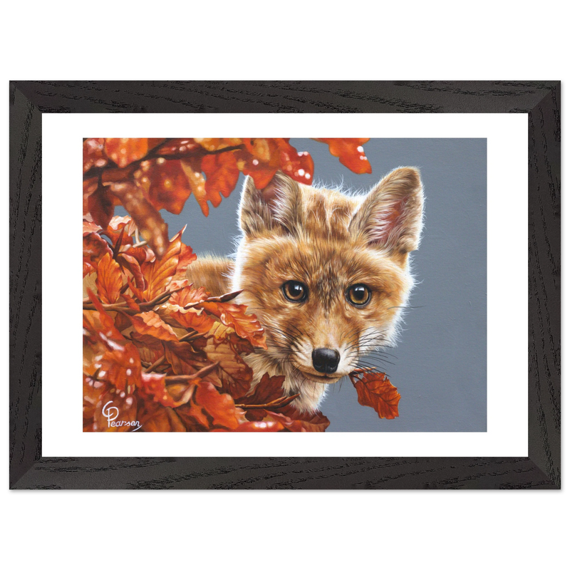 Framed artwork of a fox surrounded by autumn leaves