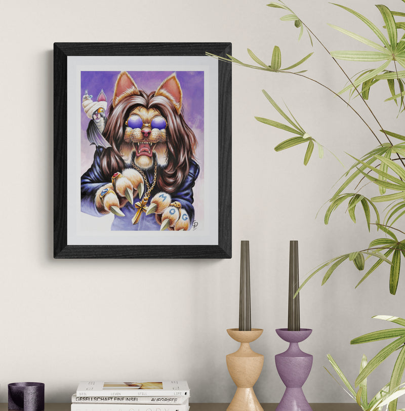 Framed artwork of a stylized cat character with a purple background, displayed on a wall with decorative elements.