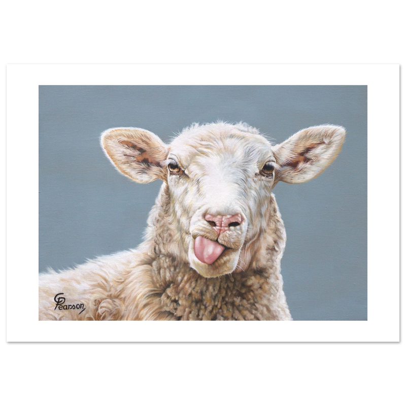 Painting of a sheep sticking its tongue out against a gray background