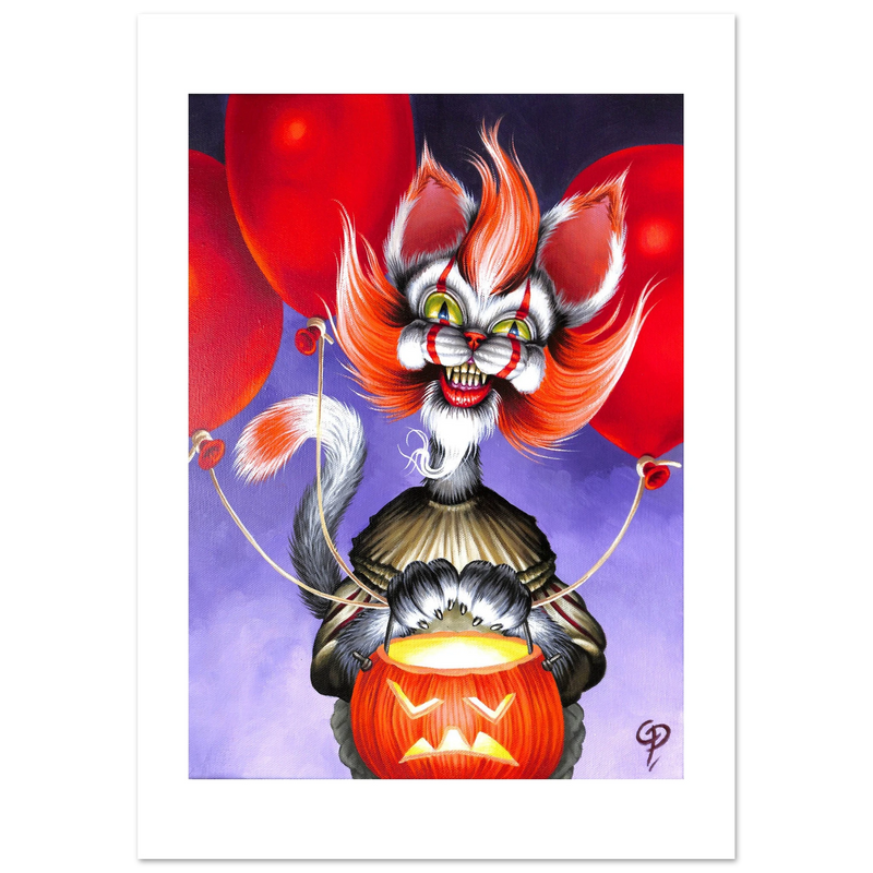 Cat with clown makeup and red hair holding a jack-o'-lantern against a purple background with red balloons.