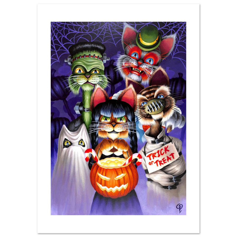 Cartoon cats in Halloween costumes on a purple background