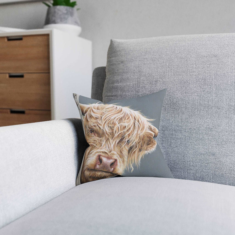 Highland Cow Square Pillow - Pink Back