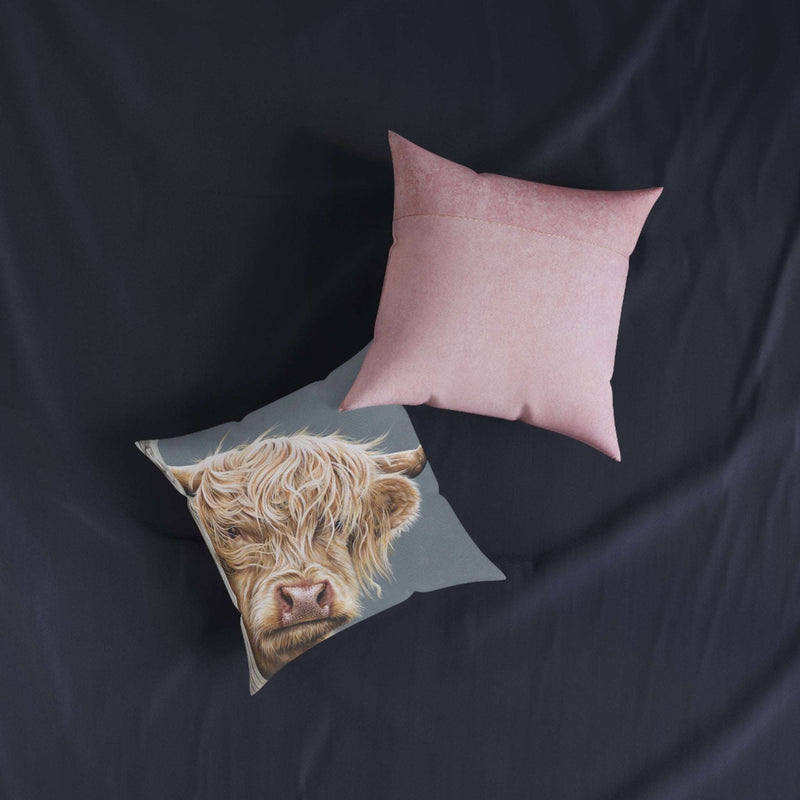 Highland Cow Square Pillow - Pink Back