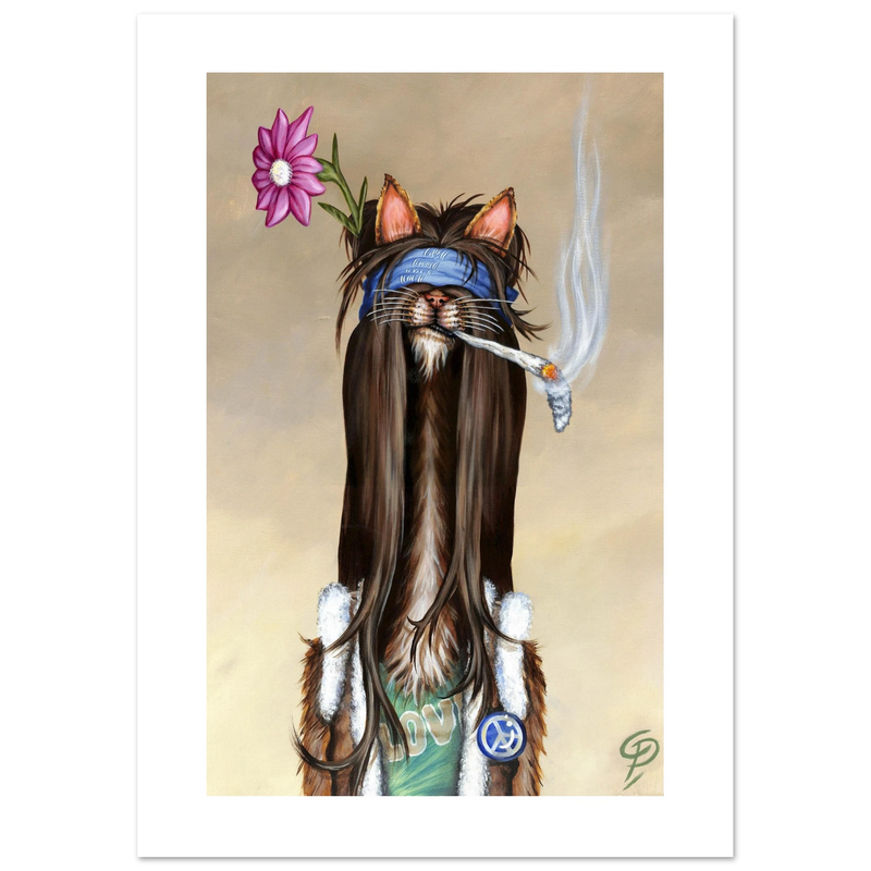 Illustration of a cat with long hair, a flower, and a smoking cigarette on a beige background