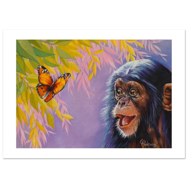 Painting of a chimpanzee with a butterfly and foliage on a purple background