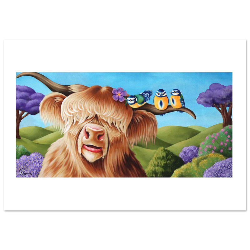 Painting of a highland cow with birds on a branch in a colorful landscape