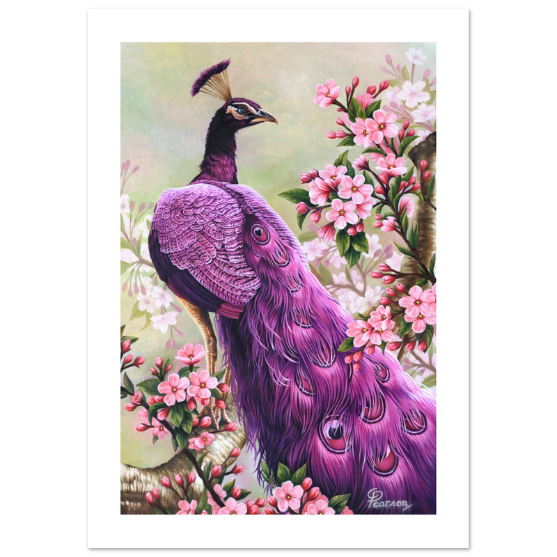 Painting of a purple peacock among pink flowers