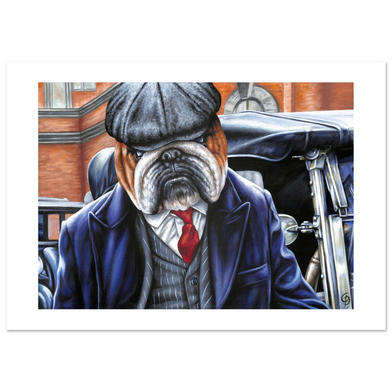 Artistic depiction of a bulldog in formal attire sitting in a vintage car.