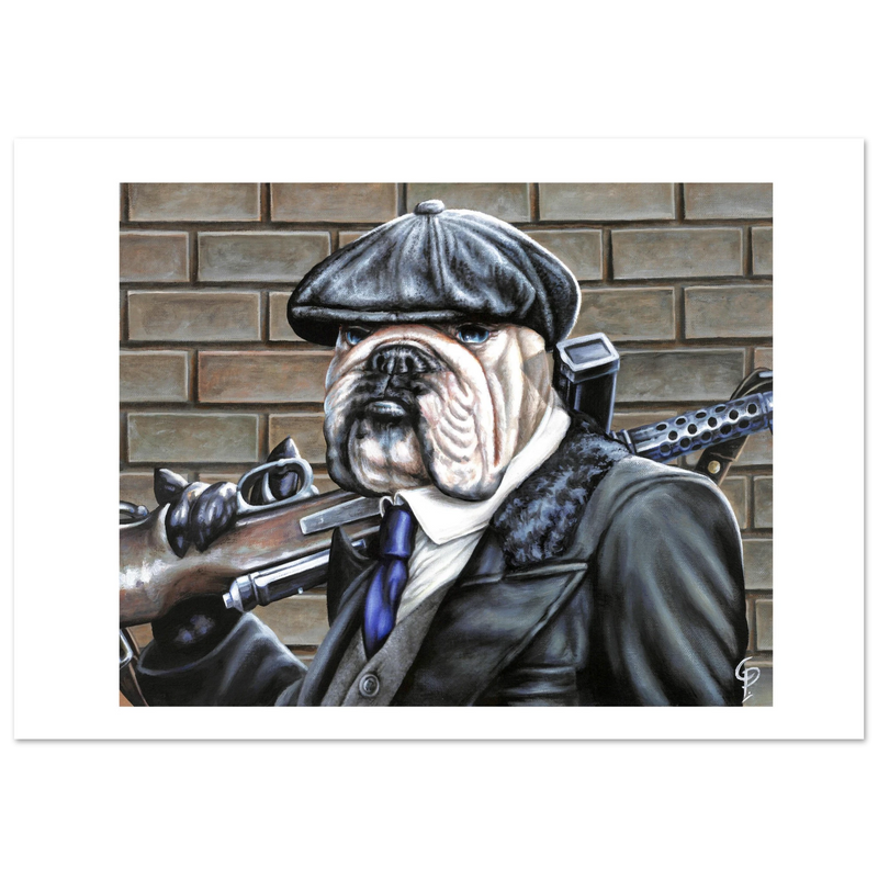 Dog wearing a coat, hat, and tie with a rifle against a brick wall.