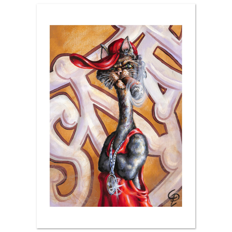 Artistic depiction of a cat wearing a red outfit with decorative elements on a white background