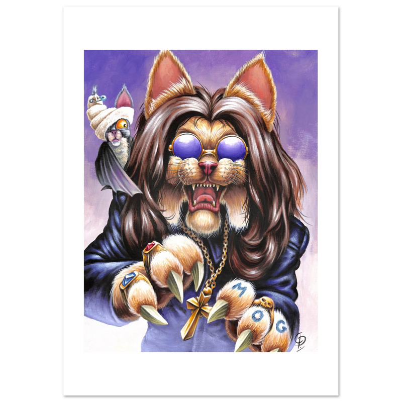 Cartoon cat with sunglasses and a robe holding a 'Mog' pendant on a purple background