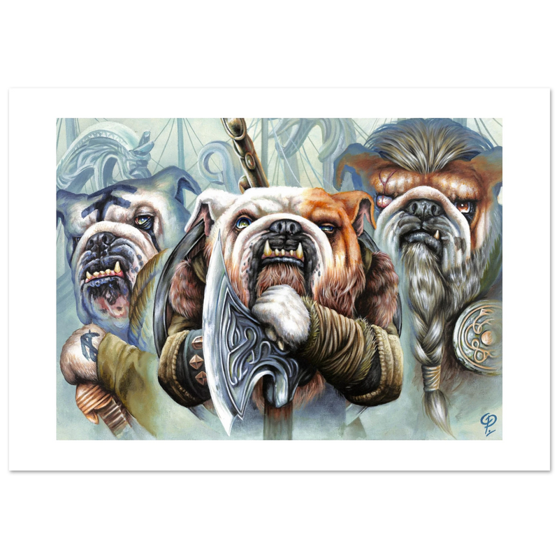 Artistic illustration of three viking bulldogs with warrior armor and weapons on a white background