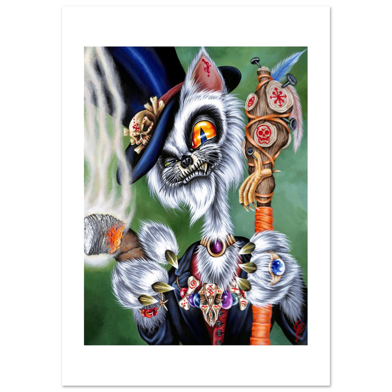 Fantasy cat character with a top hat, staff, and colorful attire on a green background