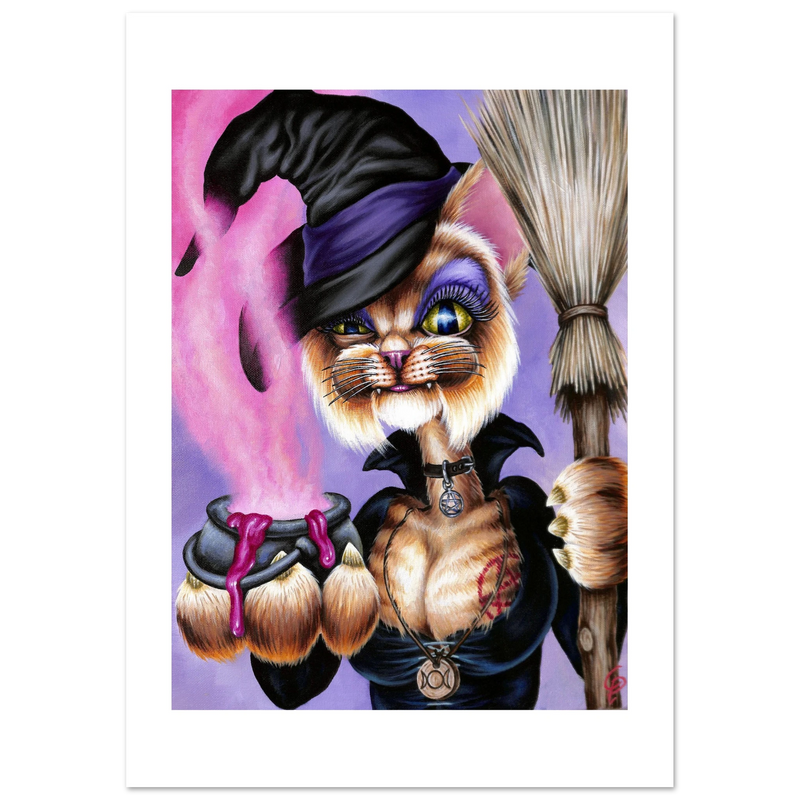 Cartoon cat in a witch costume with a broom and cauldron on a purple background