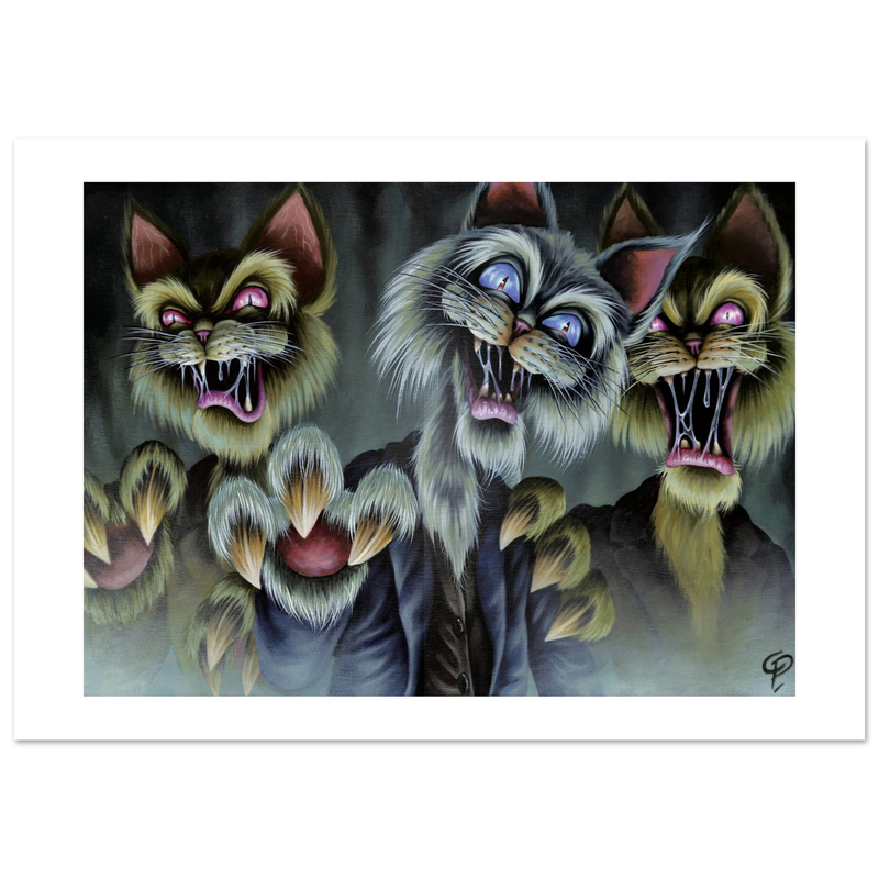 Three cartoonish cat-like creatures with open mouths showing teeth on a dark background.