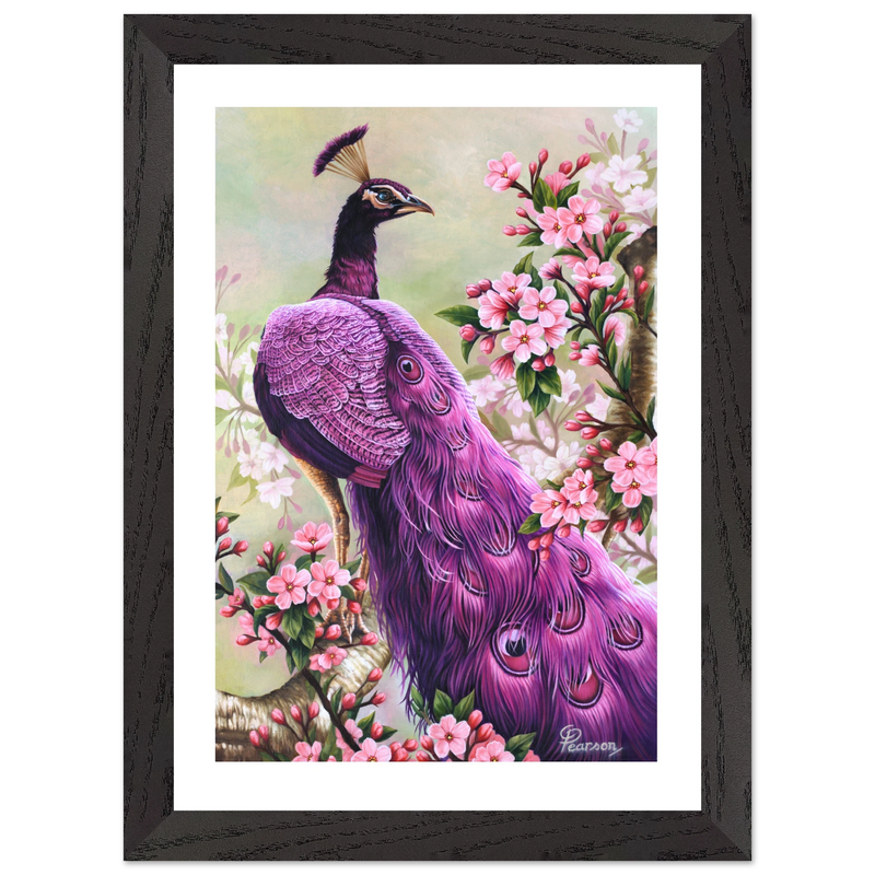 Framed artwork of a purple peacock among pink flowers