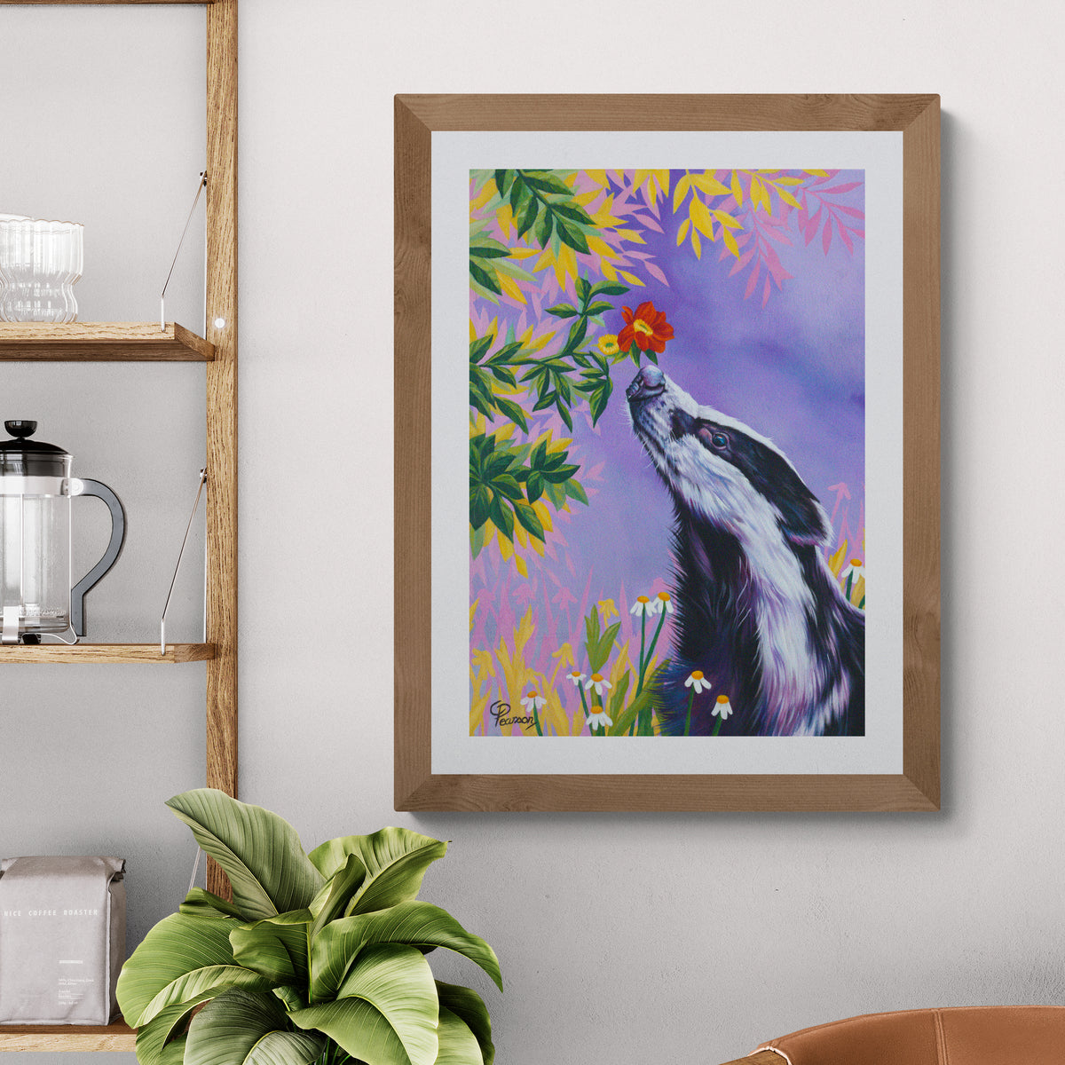 Framed painting of a Badger smelling flowers on a wall with shelves and a plant.