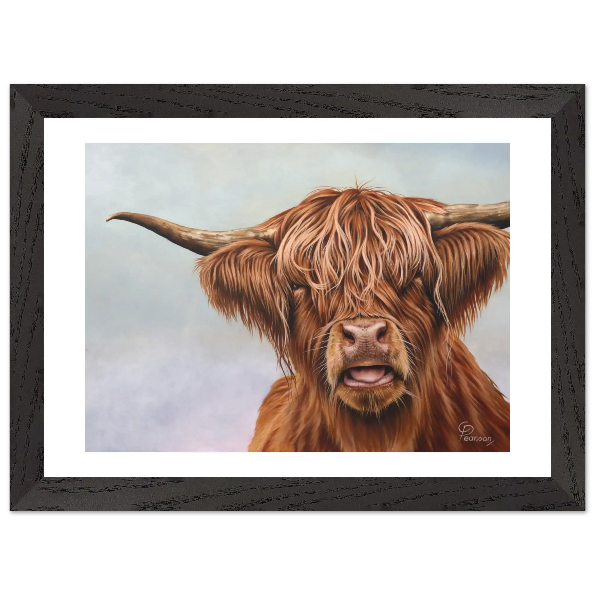 Framed artwork of a highland cow with a black frame.