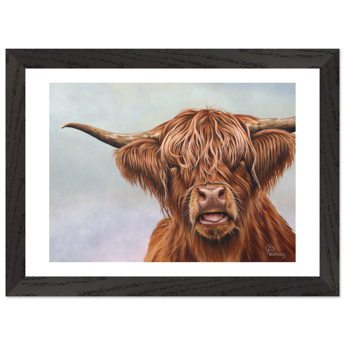 Framed artwork of a highland cow with a black frame.