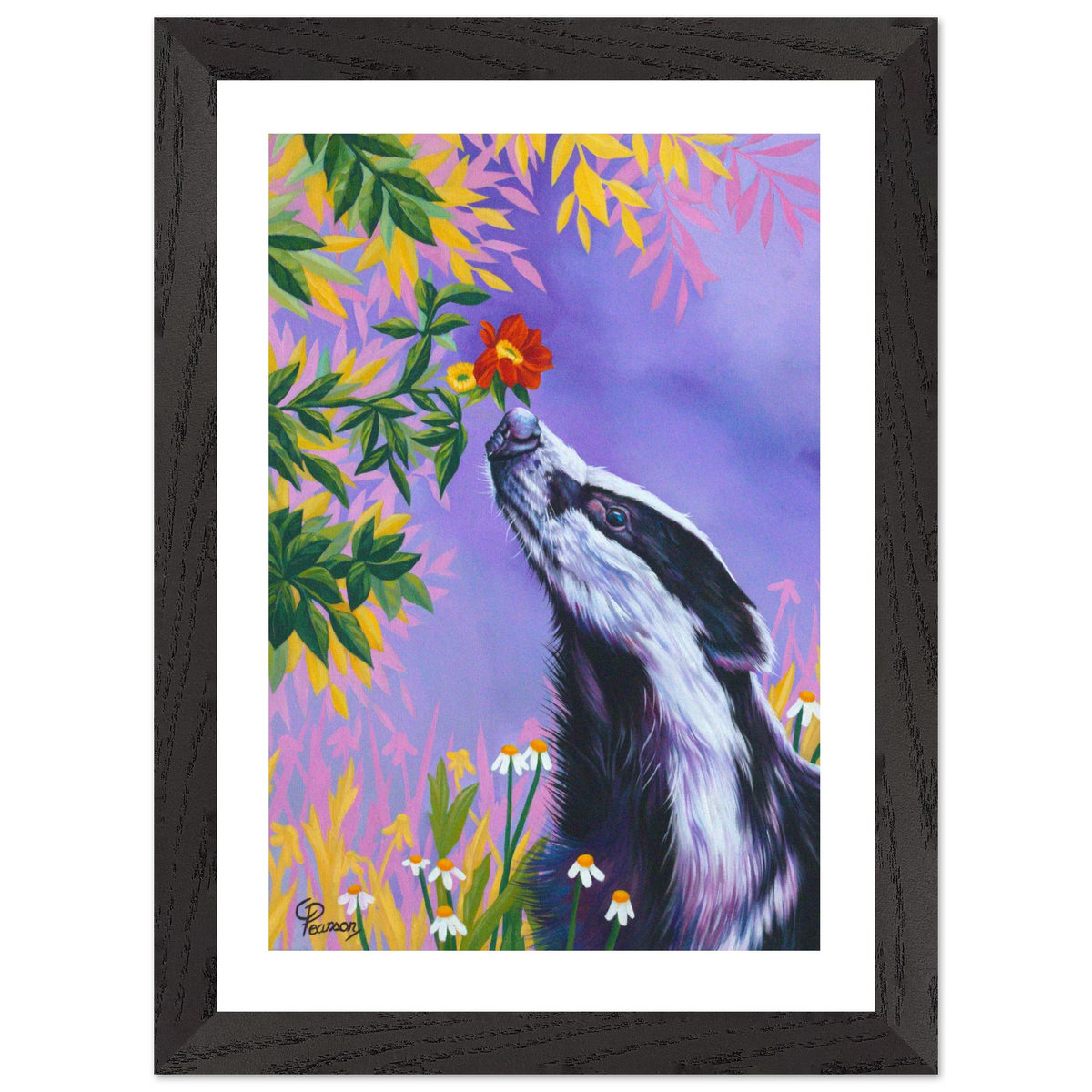 Framed artwork of a badger smelling a flower against a colorful background