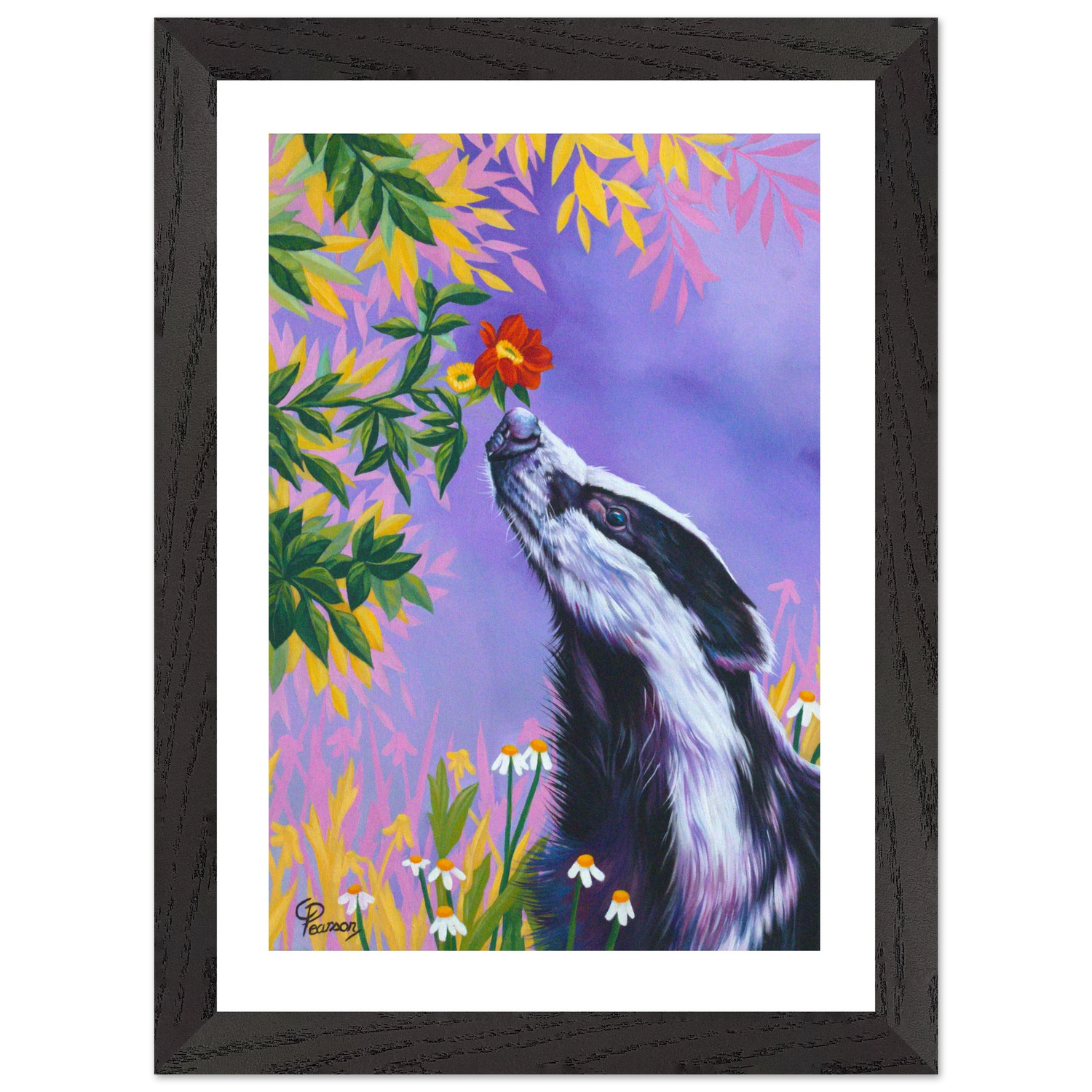 Framed artwork of a badger smelling a flower against a colorful background