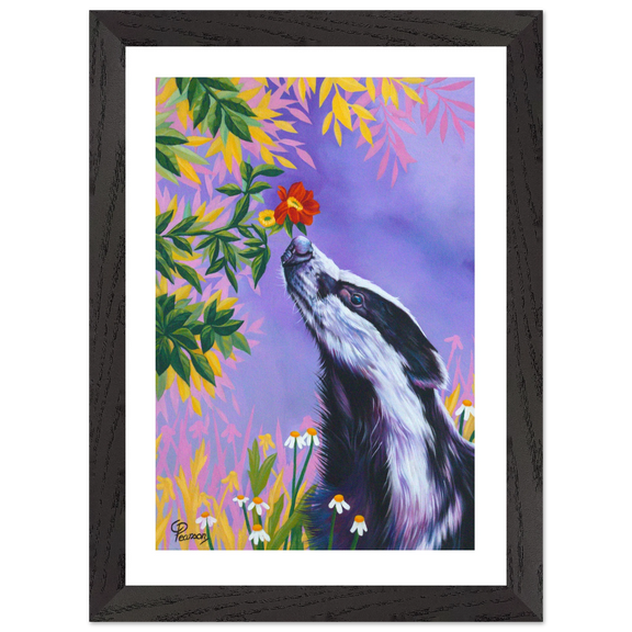 Framed artwork of a badger smelling a flower against a colorful background
