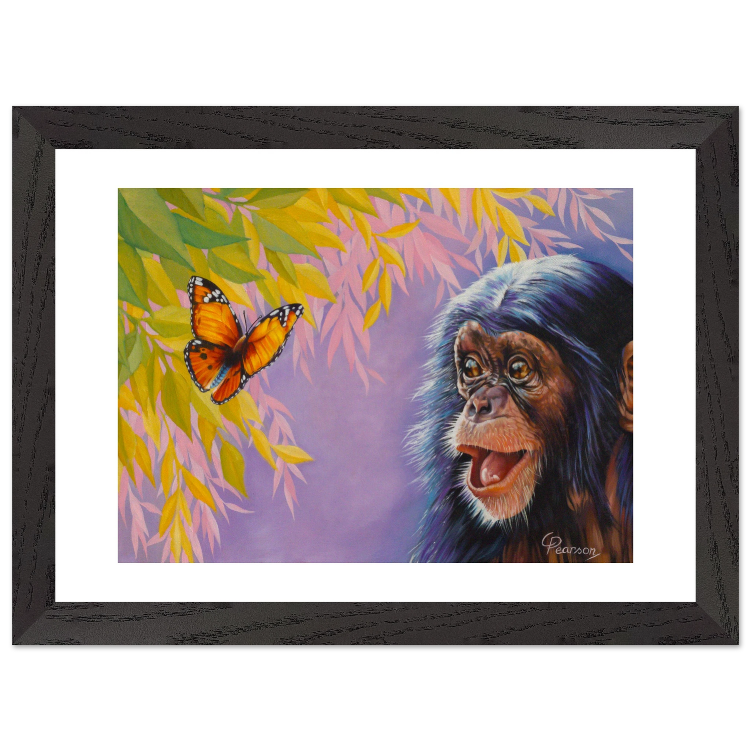 Framed artwork of a chimpanzee and butterfly with colorful leaves.