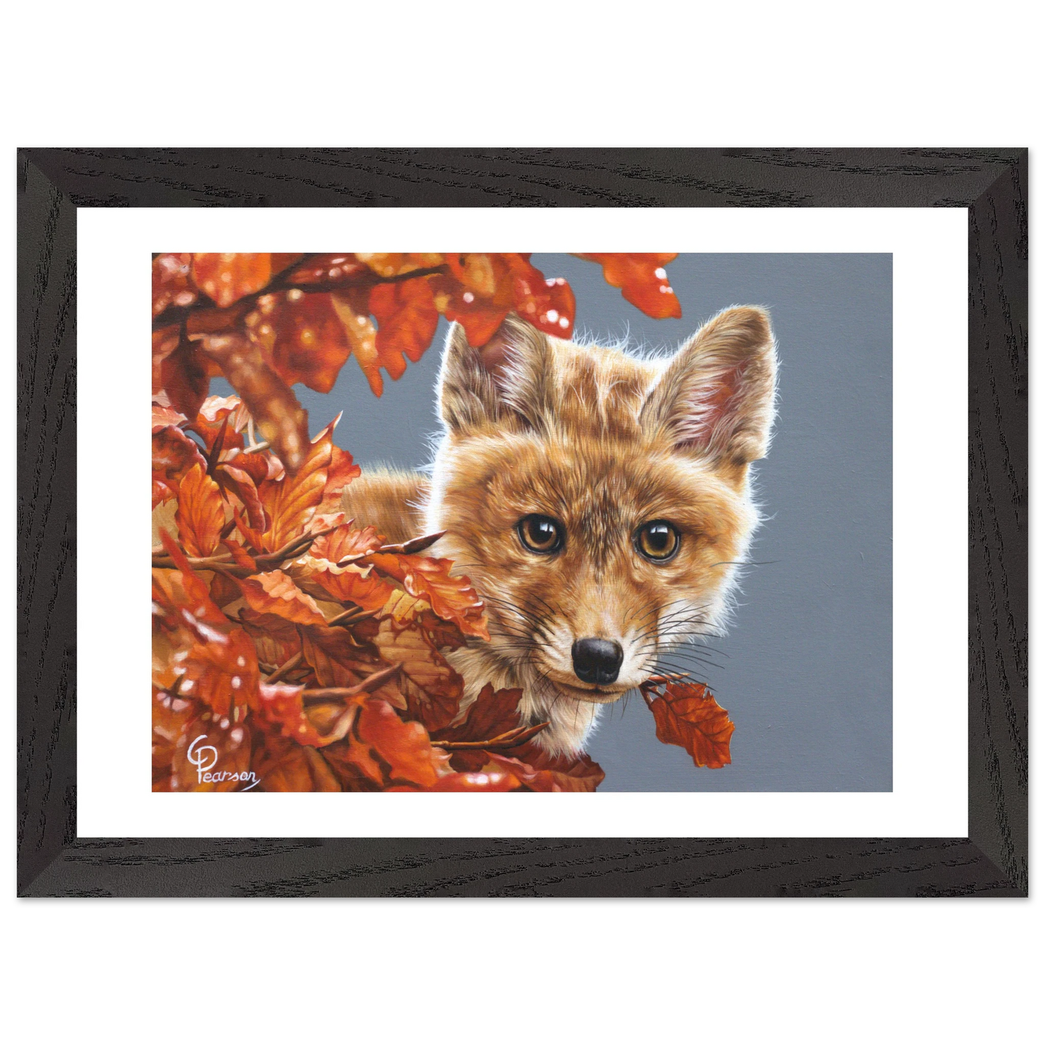 Framed artwork of a fox surrounded by autumn leaves