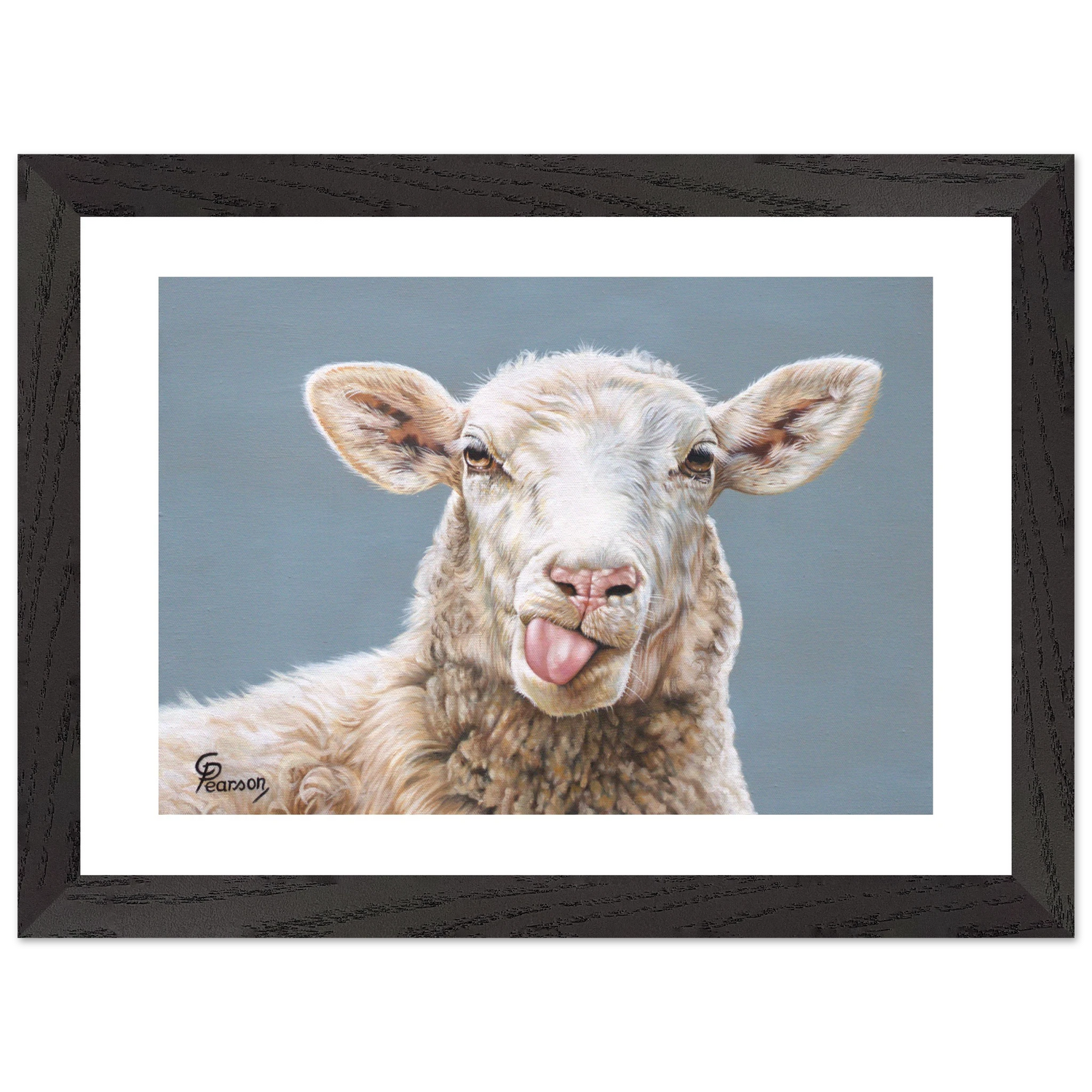 Framed artwork of a sheep sticking its tongue out on a gray background