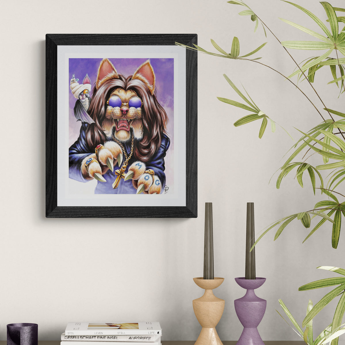 Framed artwork of a stylized cat character with a purple background, displayed on a wall with decorative elements.