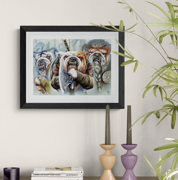 Framed artwork of bulldogs on a wall with decorative candles and books below.