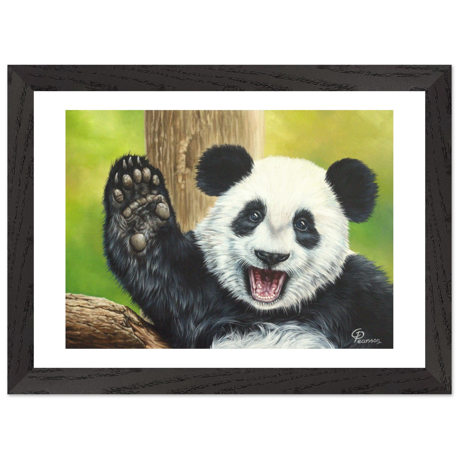 Framed artwork of a panda waving with a green background