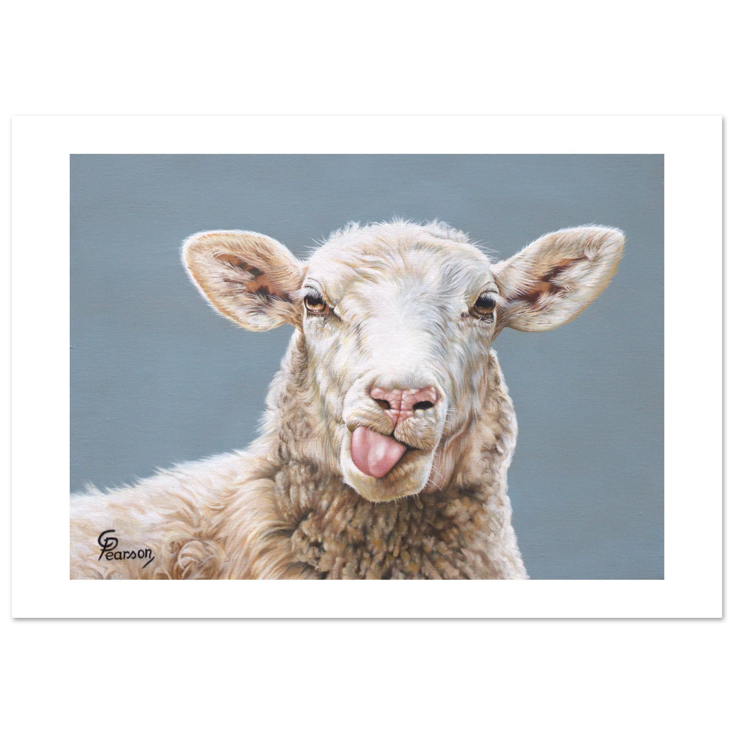 Painting of a sheep sticking its tongue out against a gray background