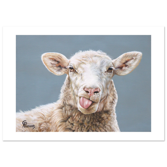 Painting of a sheep sticking its tongue out against a gray background