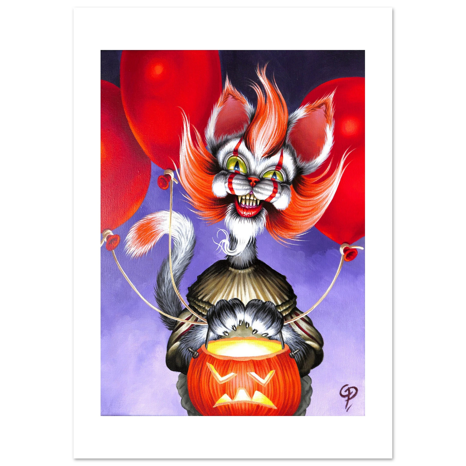 Cat with clown makeup and red hair holding a jack-o'-lantern against a purple background with red balloons.