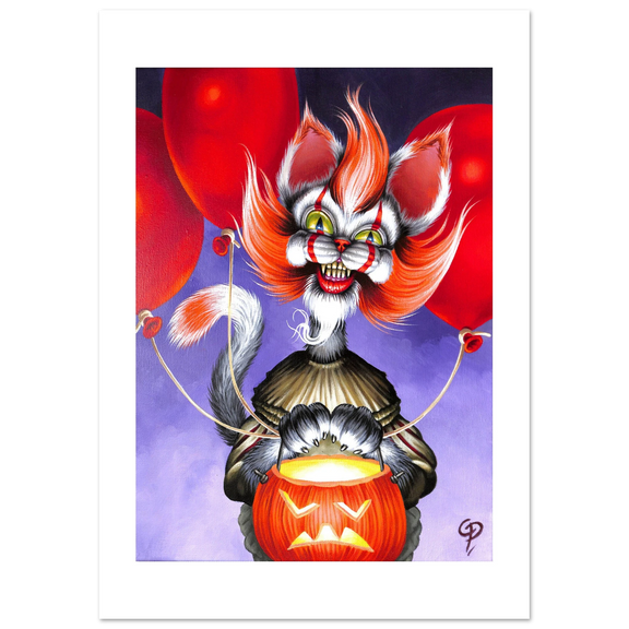 Cat with clown makeup and red hair holding a jack-o'-lantern against a purple background with red balloons.