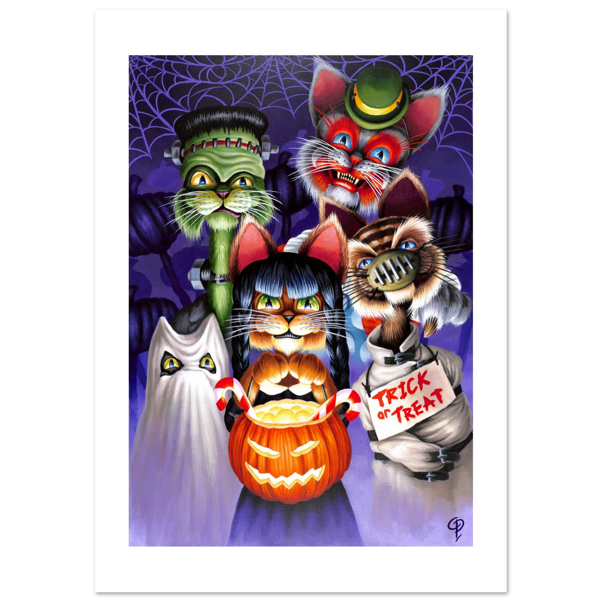 Cartoon cats in Halloween costumes on a purple background