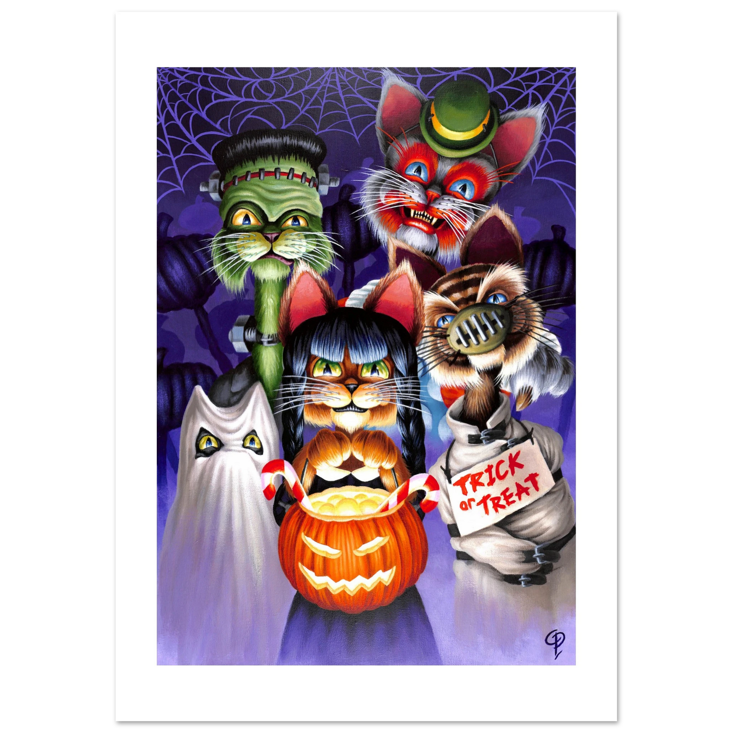 Cartoon cats in Halloween costumes on a purple background