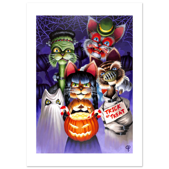 Cartoon cats in Halloween costumes on a purple background