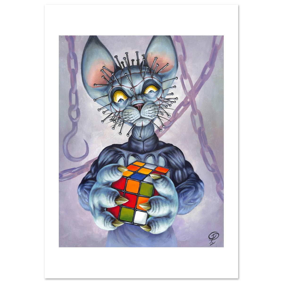 Artistic illustration of a cat creature holding a Rubik's Cube with a mystical background.