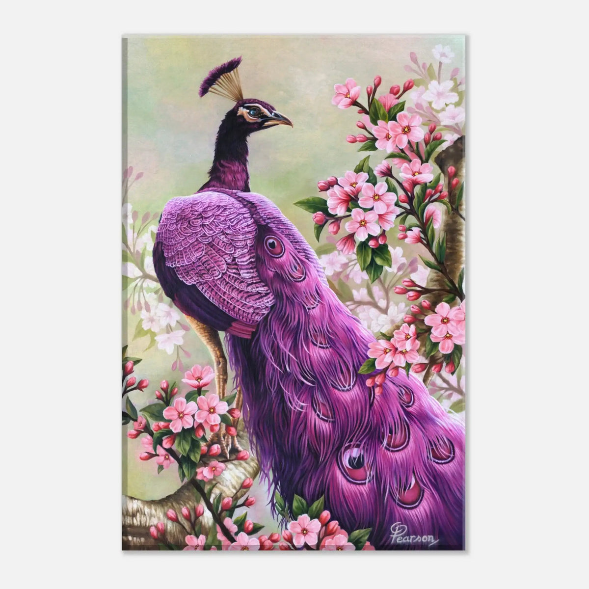 Painting of a purple peacock among pink flowers