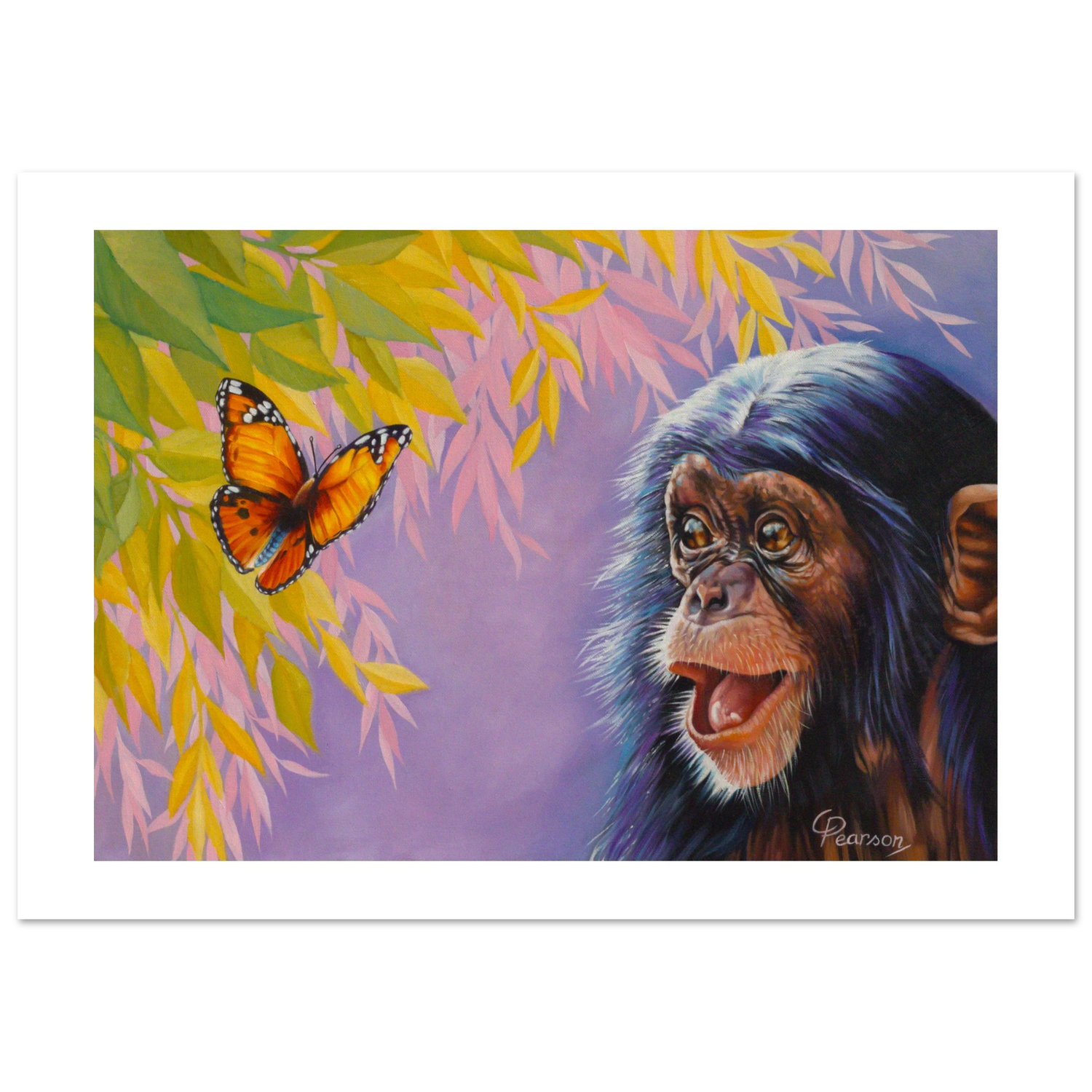 Painting of a chimpanzee with a butterfly and foliage on a purple background