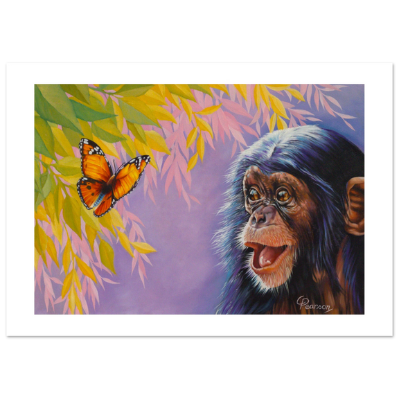Painting of a chimpanzee with a butterfly and foliage on a purple background