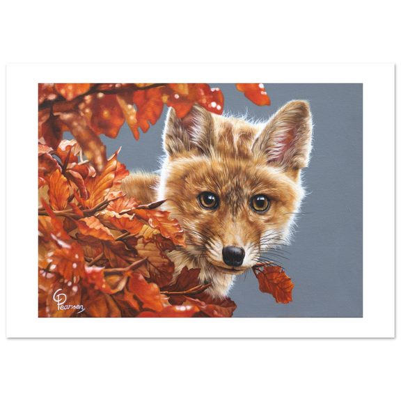 Painting of a fox surrounded by autumn leaves on a gray background