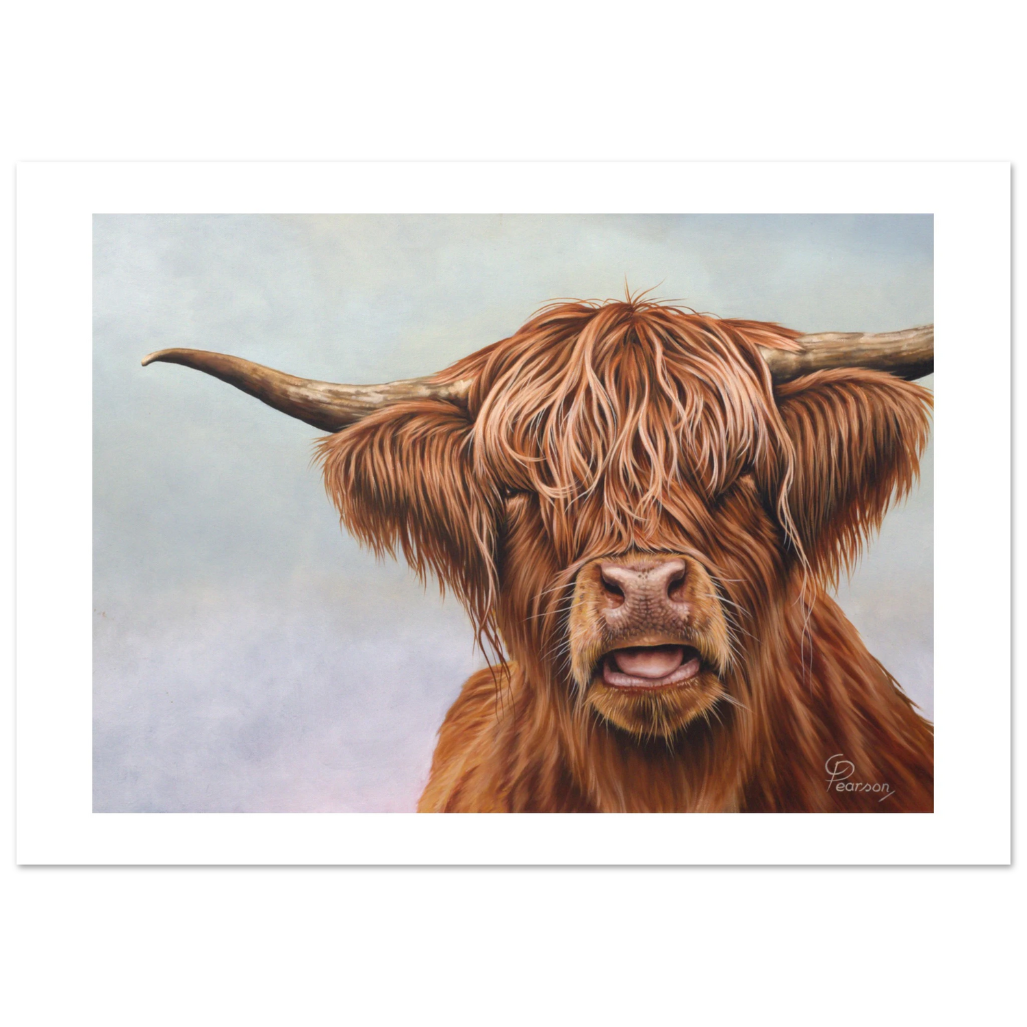 Painting of a highland cow with a soft background