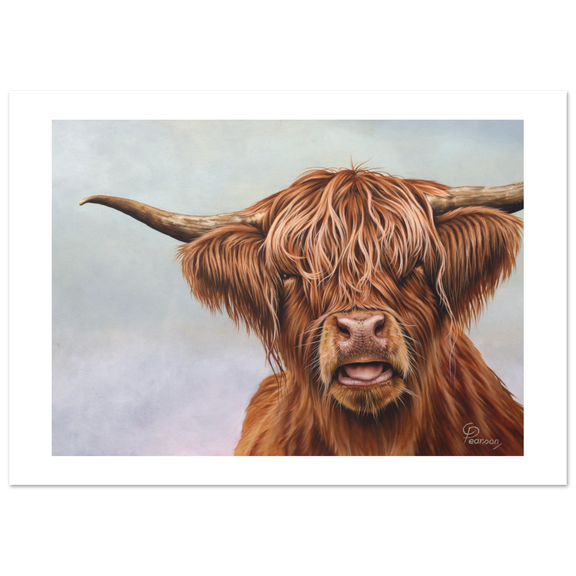 Painting of a highland cow with a soft background