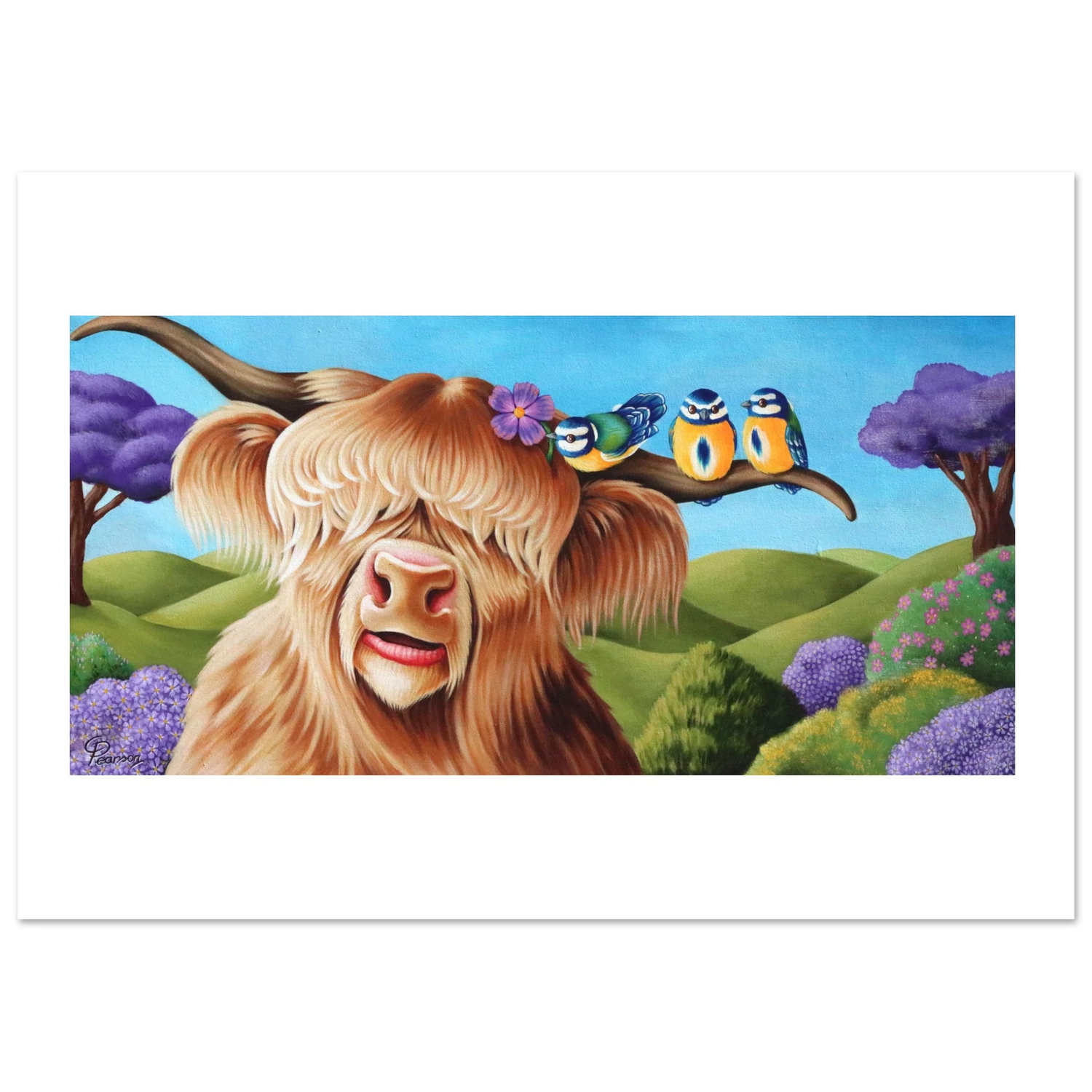 Painting of a highland cow with birds on a branch in a colorful landscape