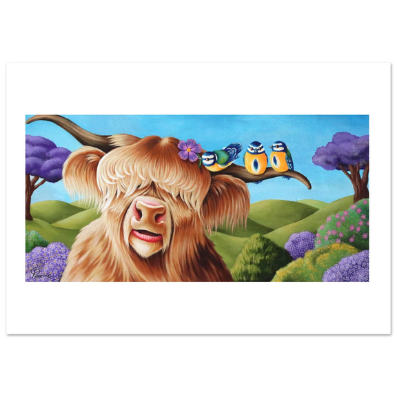 Painting of a highland cow with birds on a branch in a colorful landscape